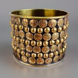 Vintage brasstone hammered dotted textured
wide cuff bracelet